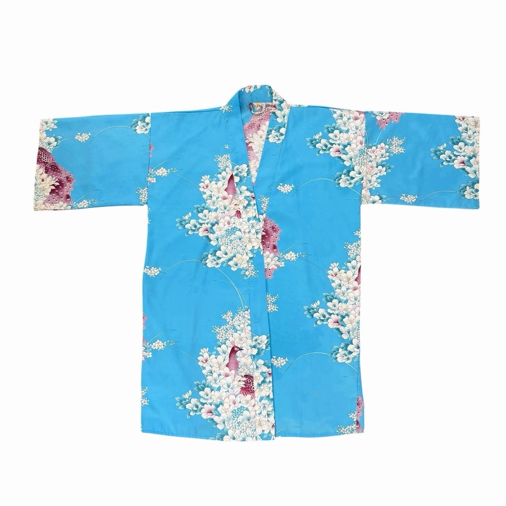 Japanese Traditional Kimono Blue Robe Pink Peacock Floral MADE‎ IN JAPAN Satin